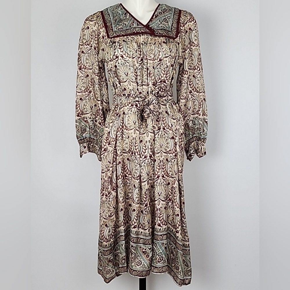 Her Excellency 100% Silk Midi Long Sleeves Dress Burgundy Cream Paisley Sz Large